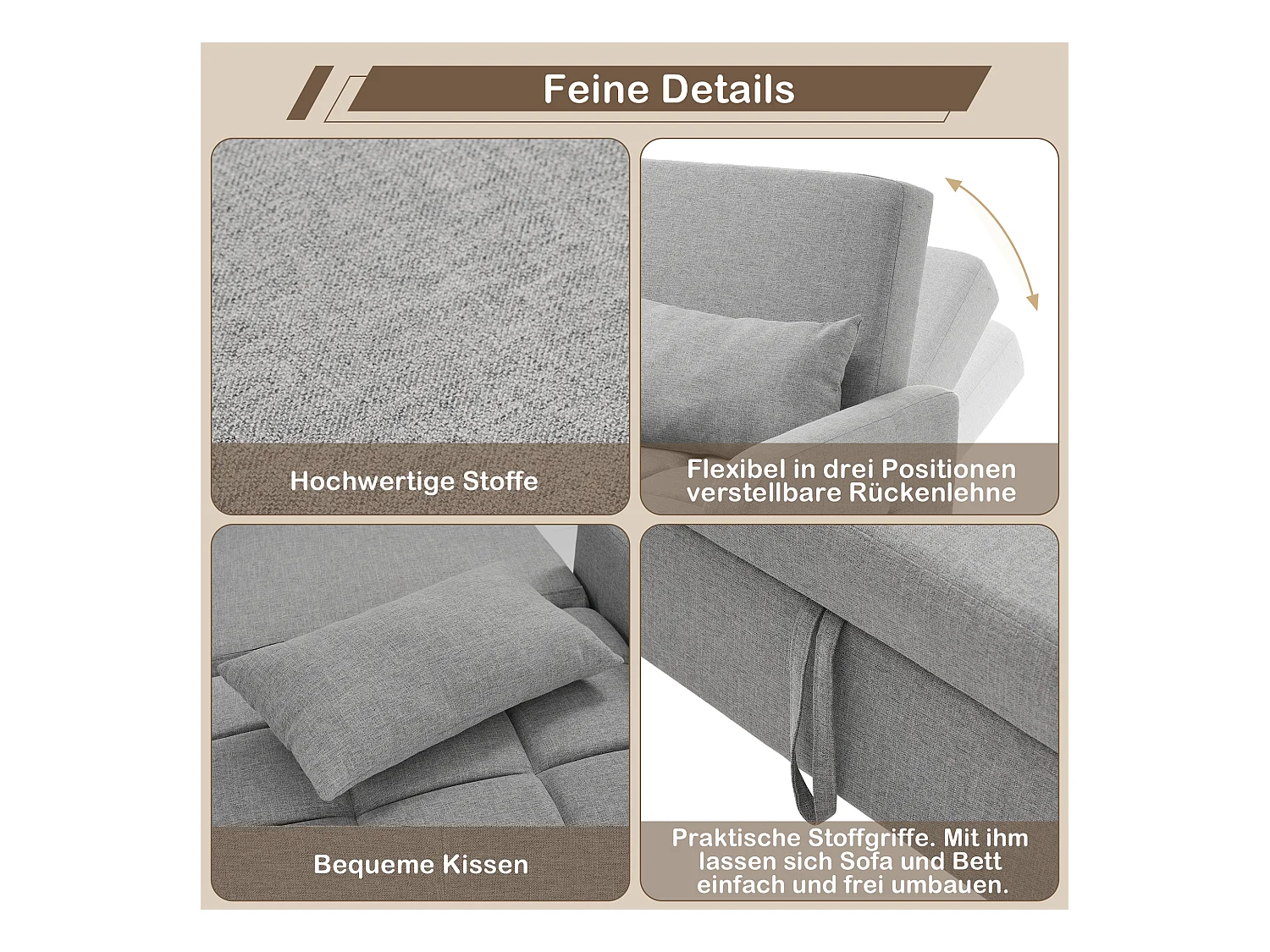 Canapé convertible 2 places, Canapé-lit pliant en tissu lin - 127 x 75 x 94 cm - avec fonction sommeil - Gris