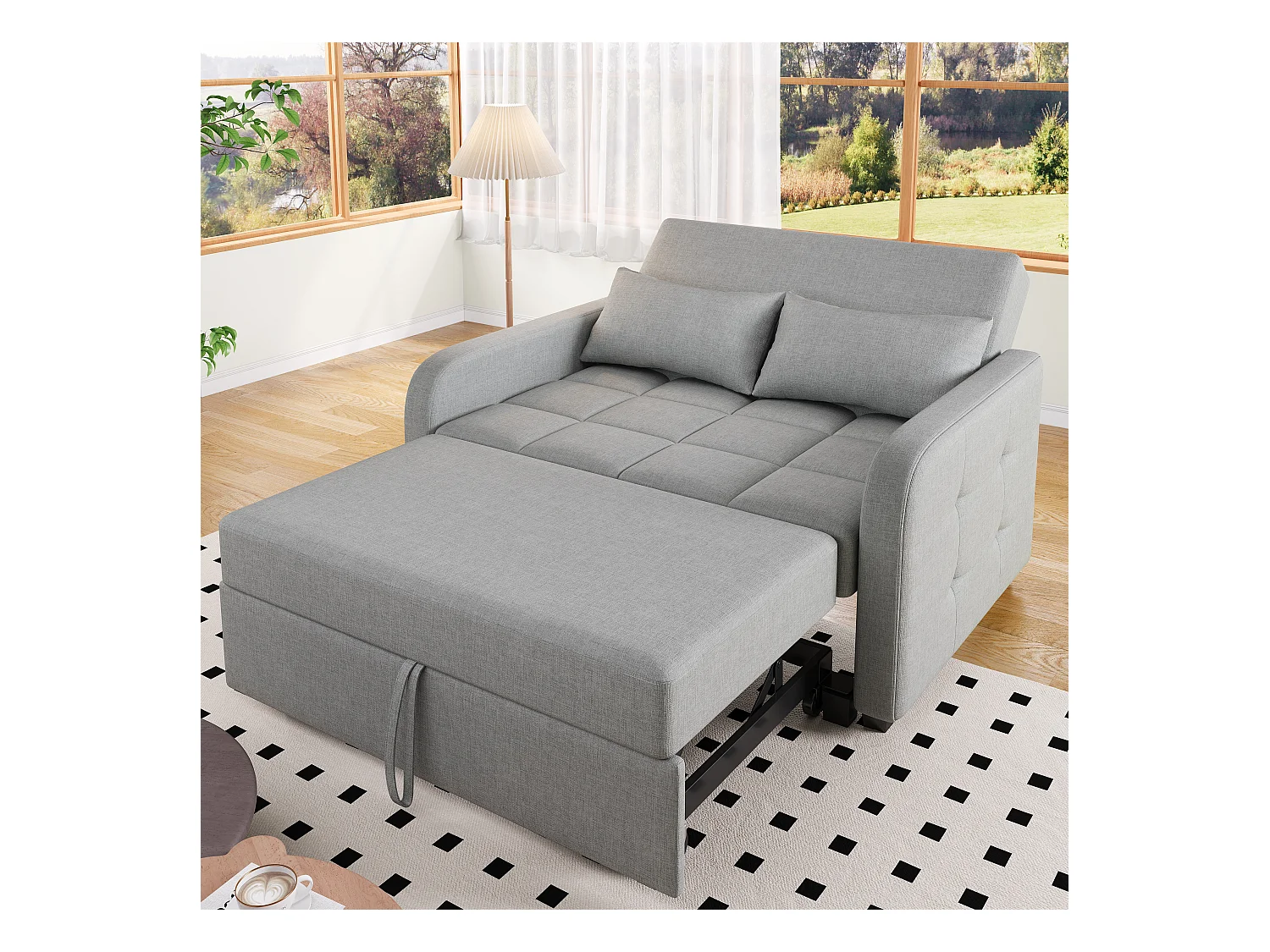 Canapé convertible 2 places, Canapé-lit pliant en tissu lin - 127 x 75 x 94 cm - avec fonction sommeil - Gris