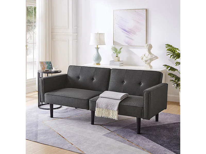 Sofa 2-osobowa z regulowanymi oparciami - 176 x 76 x 74 cm - Tkanina bawełniano-lniana i metalowe nogi - Antyczna czerń