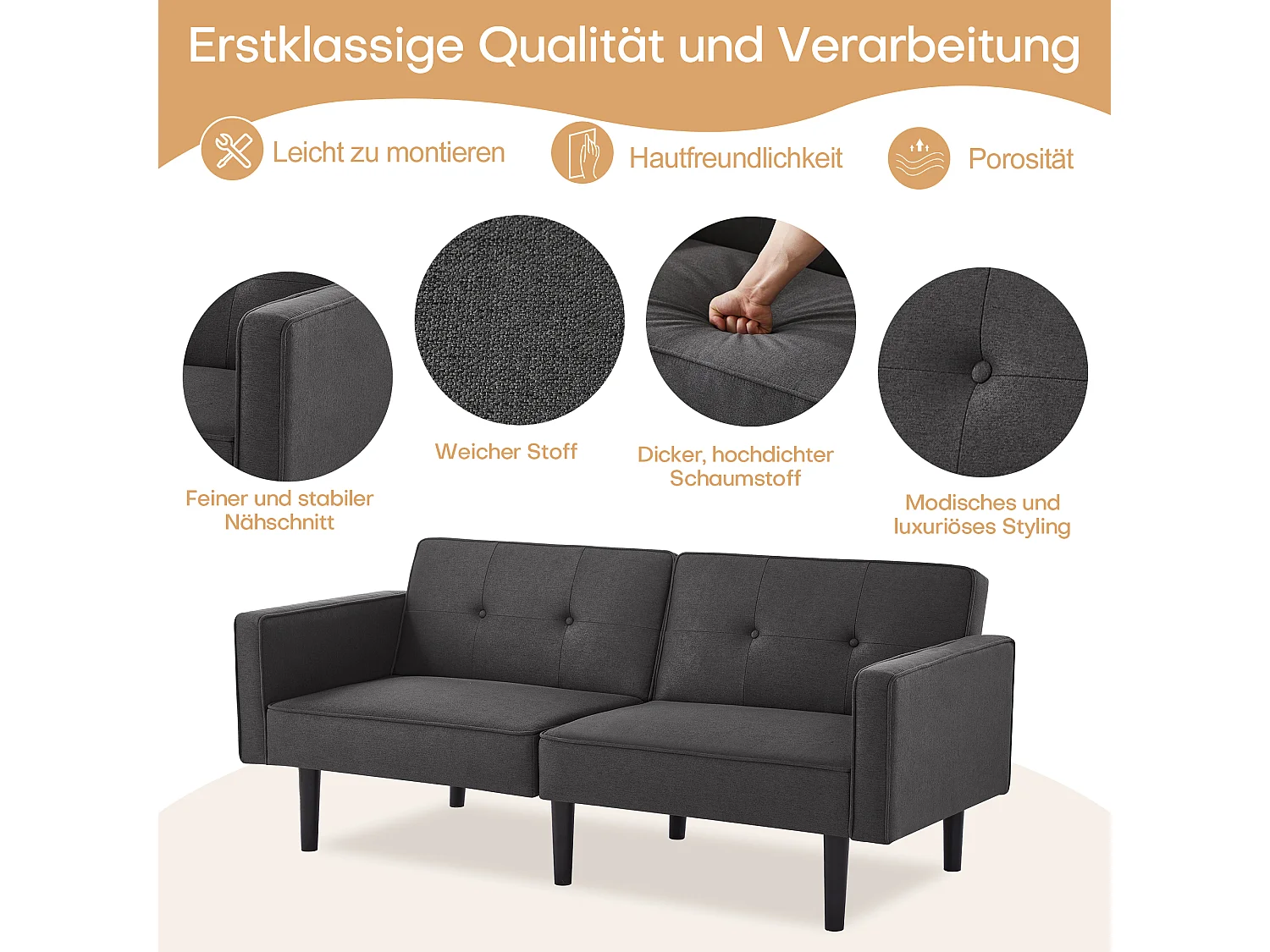 Sofa 2-osobowa z regulowanymi oparciami - 176 x 76 x 74 cm - Tkanina bawełniano-lniana i metalowe nogi - Antyczna czerń