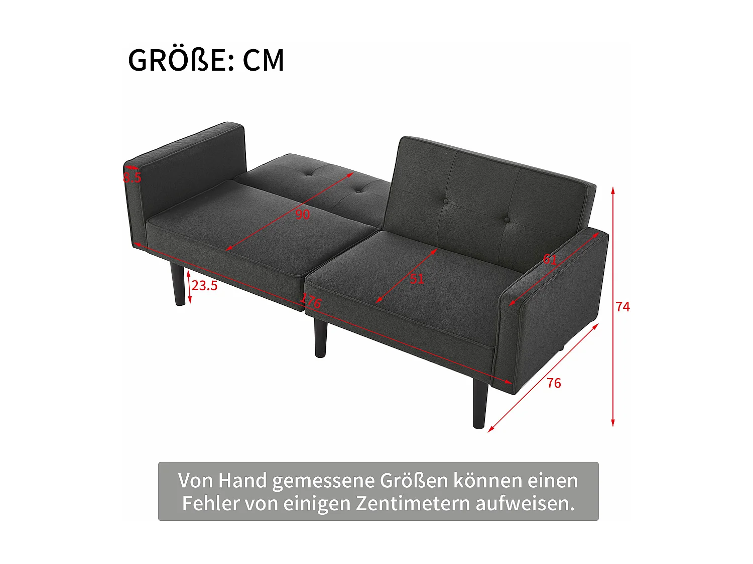 Sofa 2-osobowa z regulowanymi oparciami - 176 x 76 x 74 cm - Tkanina bawełniano-lniana i metalowe nogi - Antyczna czerń