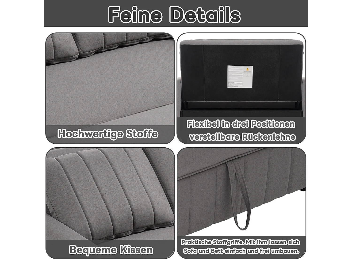 Canapé convertible 2 places, Canapé-lit pliant en tissu lin - 127 x 75/180 x 94 cm - avec fonction sommeil et dossier réglable - Gris