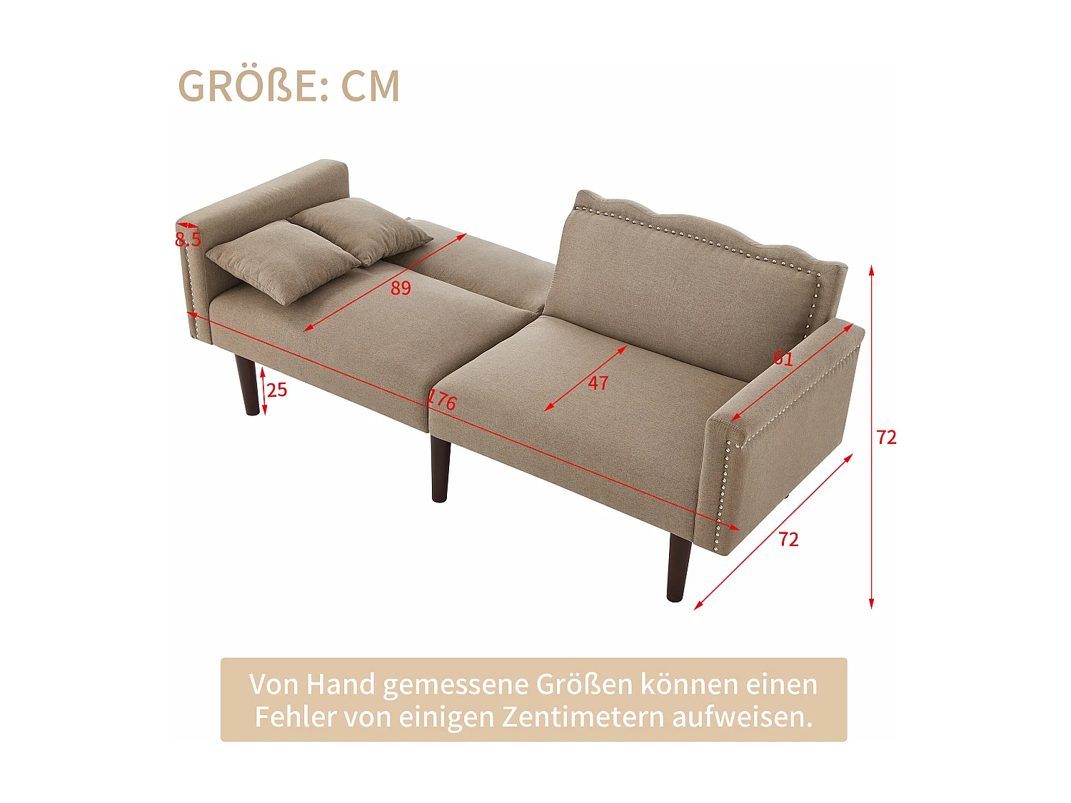 2-zitsbank met verstelbare rugleuningen - 176 x 72 x 72 cm - Katoen-linnen stof en metalen poten - Antiekbruin