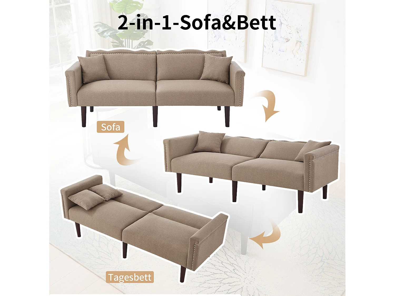 2-zitsbank met verstelbare rugleuningen - 176 x 72 x 72 cm - Katoen-linnen stof en metalen poten - Antiekbruin