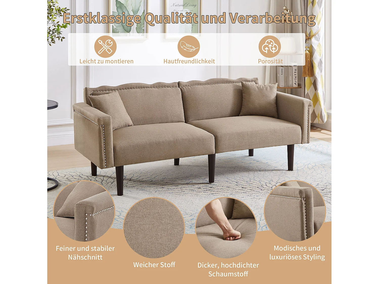 Divano 2 posti con schienali regolabili - 176 x 72 x 72 cm - Tessuto cotone-lino e gambe in metallo - Marrone antico