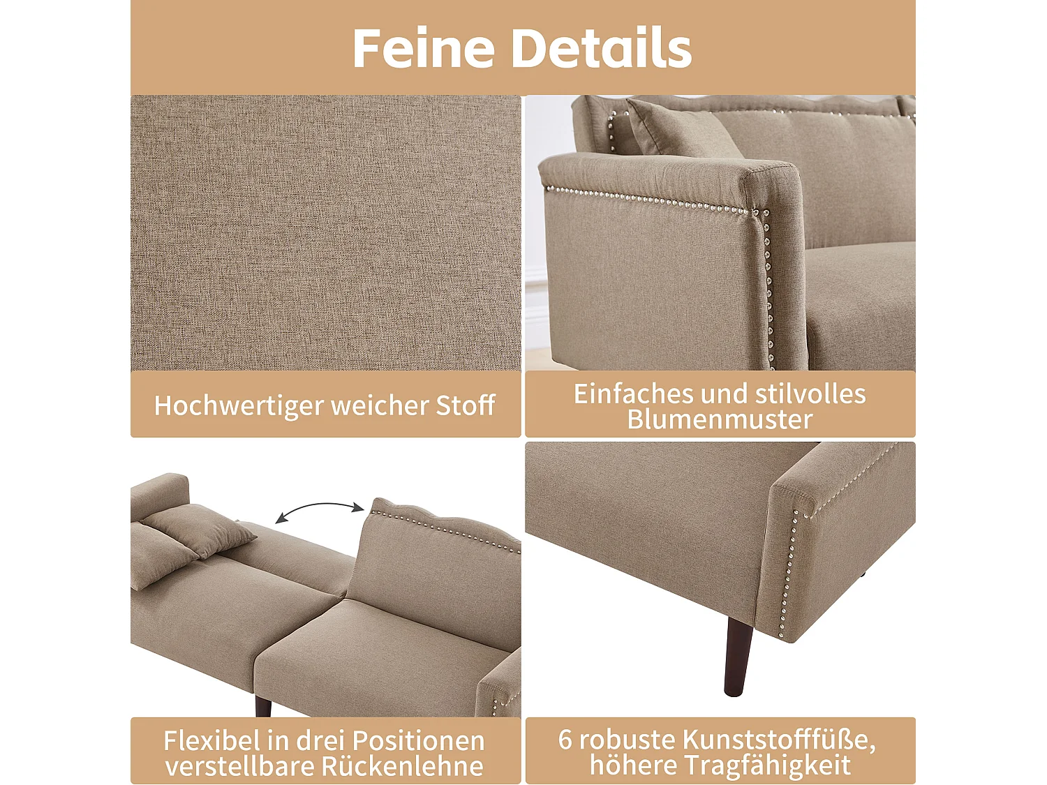 Divano 2 posti con schienali regolabili - 176 x 72 x 72 cm - Tessuto cotone-lino e gambe in metallo - Marrone antico