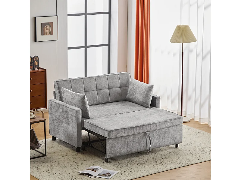 Canapé convertible 2 places, Canapé-lit pliant en tissu chenille - 142 x 79/174 x 85 cm - avec fonction sommeil et dossier réglable - Gris