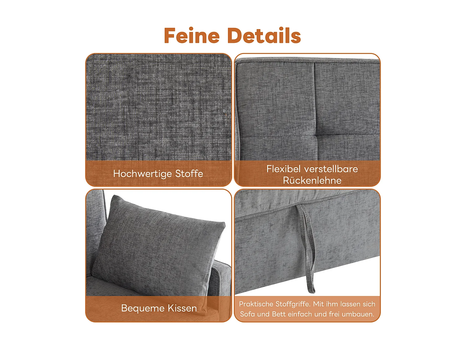 Divano letto 2 posti, divano letto pieghevole in tessuto ciniglia - 142 x 79/174 x 85 cm - con funzione sleep e schienale regolabile - Grigio