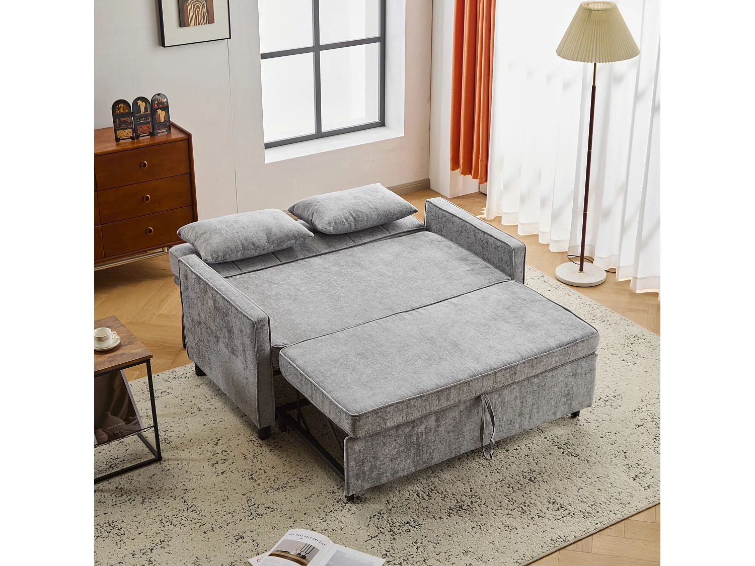Divano letto 2 posti, divano letto pieghevole in tessuto ciniglia - 142 x 79/174 x 85 cm - con funzione sleep e schienale regolabile - Grigio