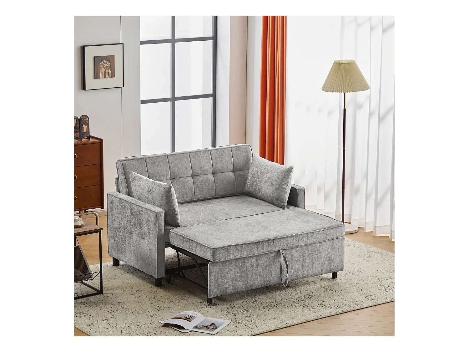 Canapé convertible 2 places, Canapé-lit pliant en tissu chenille - 142 x 79/174 x 85 cm - avec fonction sommeil et dossier réglable - Gris