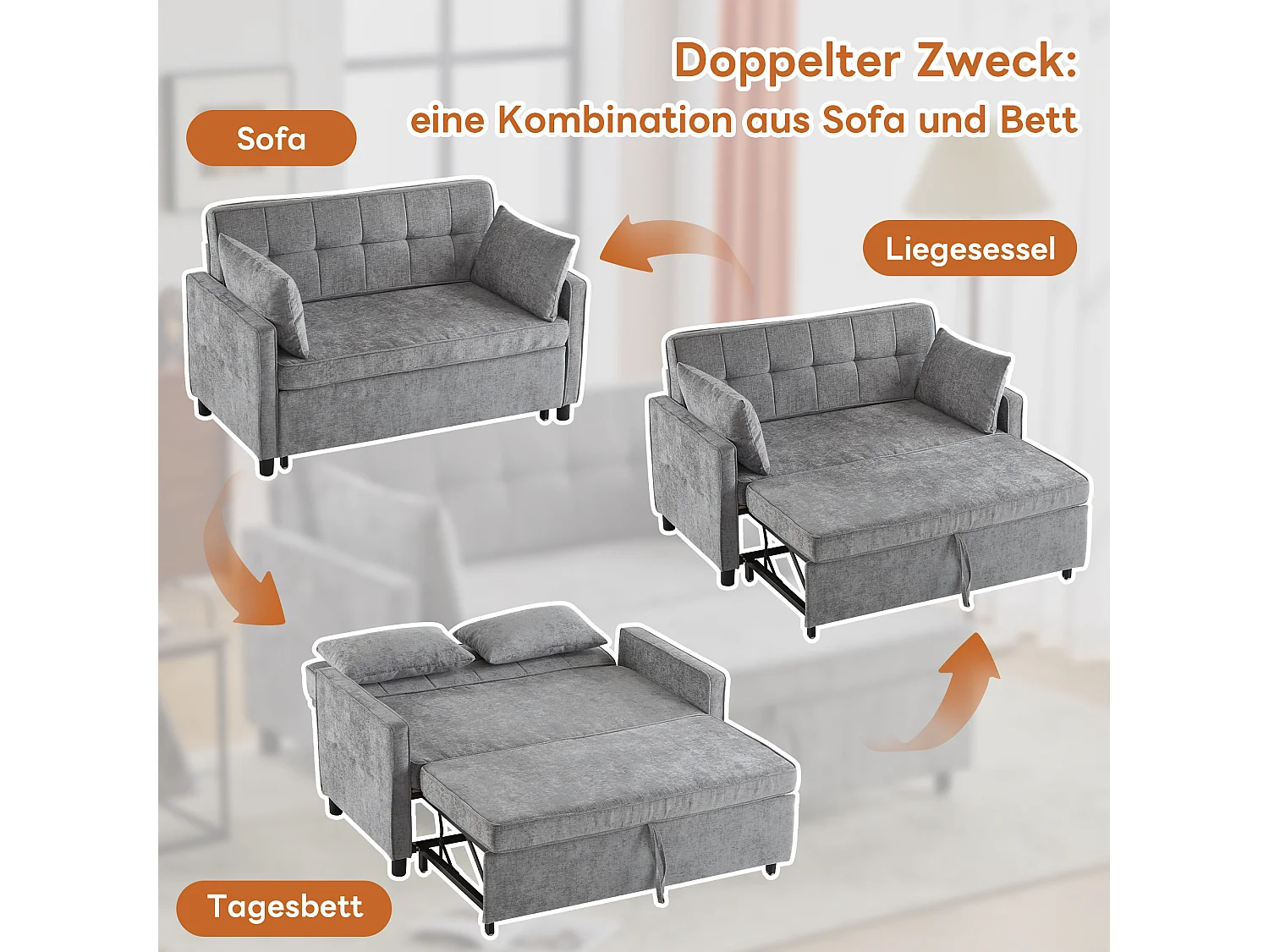 Canapé convertible 2 places, Canapé-lit pliant en tissu chenille - 142 x 79/174 x 85 cm - avec fonction sommeil et dossier réglable - Gris