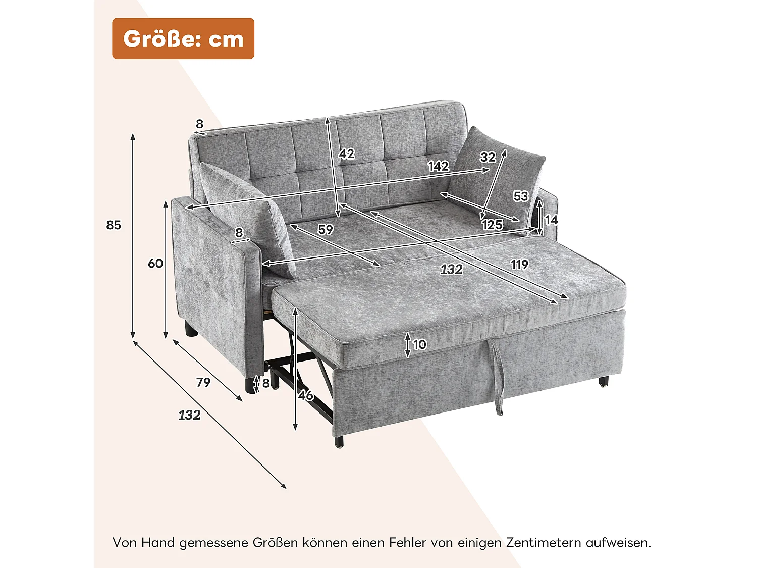 Canapé convertible 2 places, Canapé-lit pliant en tissu chenille - 142 x 79/174 x 85 cm - avec fonction sommeil et dossier réglable - Gris