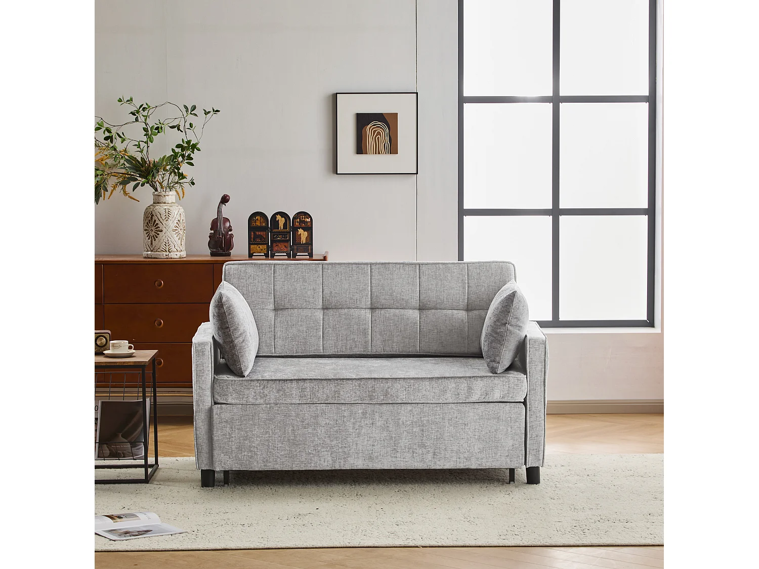 Canapé convertible 2 places, Canapé-lit pliant en tissu chenille - 142 x 79/174 x 85 cm - avec fonction sommeil et dossier réglable - Gris