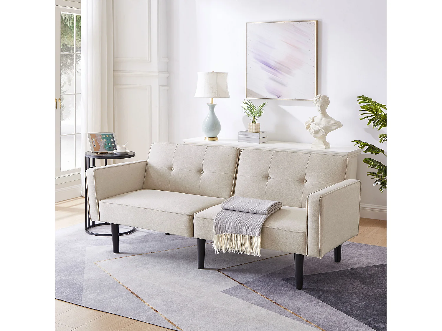 Canapé 2 places avec dossiers réglables - 176 x 76 x 74 cm - Tissu coton-lin et pièds en métal - Beige