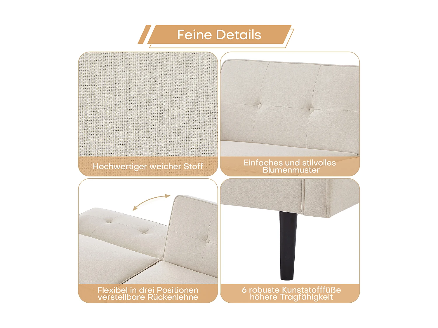 Canapé 2 places avec dossiers réglables - 176 x 76 x 74 cm - Tissu coton-lin et pièds en métal - Beige