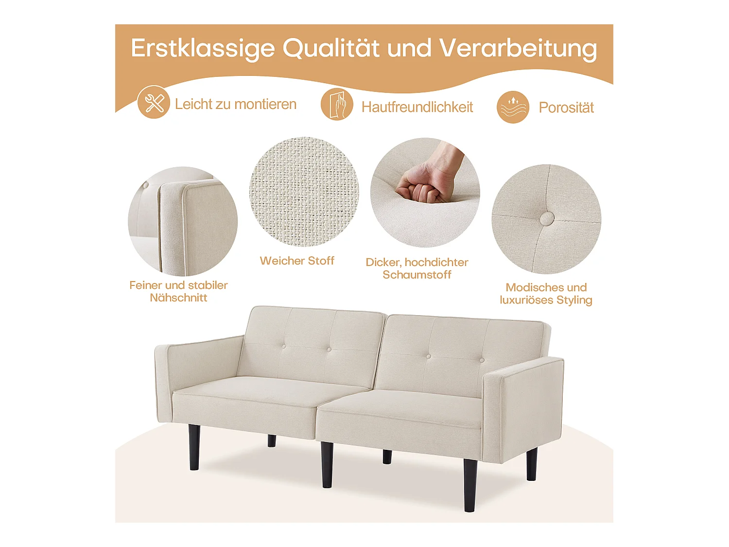2-zitsbank met verstelbare rugleuningen - 176 x 76 x 74 cm - Katoen-linnen stof en metalen poten - Beige