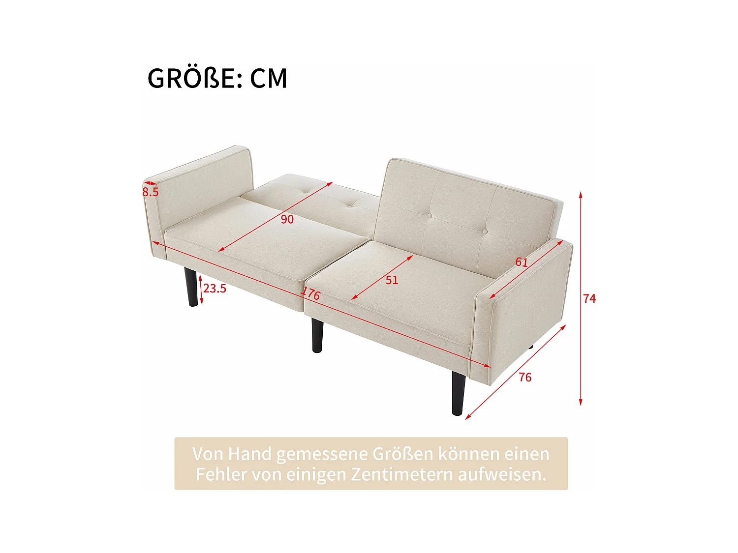 2-zitsbank met verstelbare rugleuningen - 176 x 76 x 74 cm - Katoen-linnen stof en metalen poten - Beige