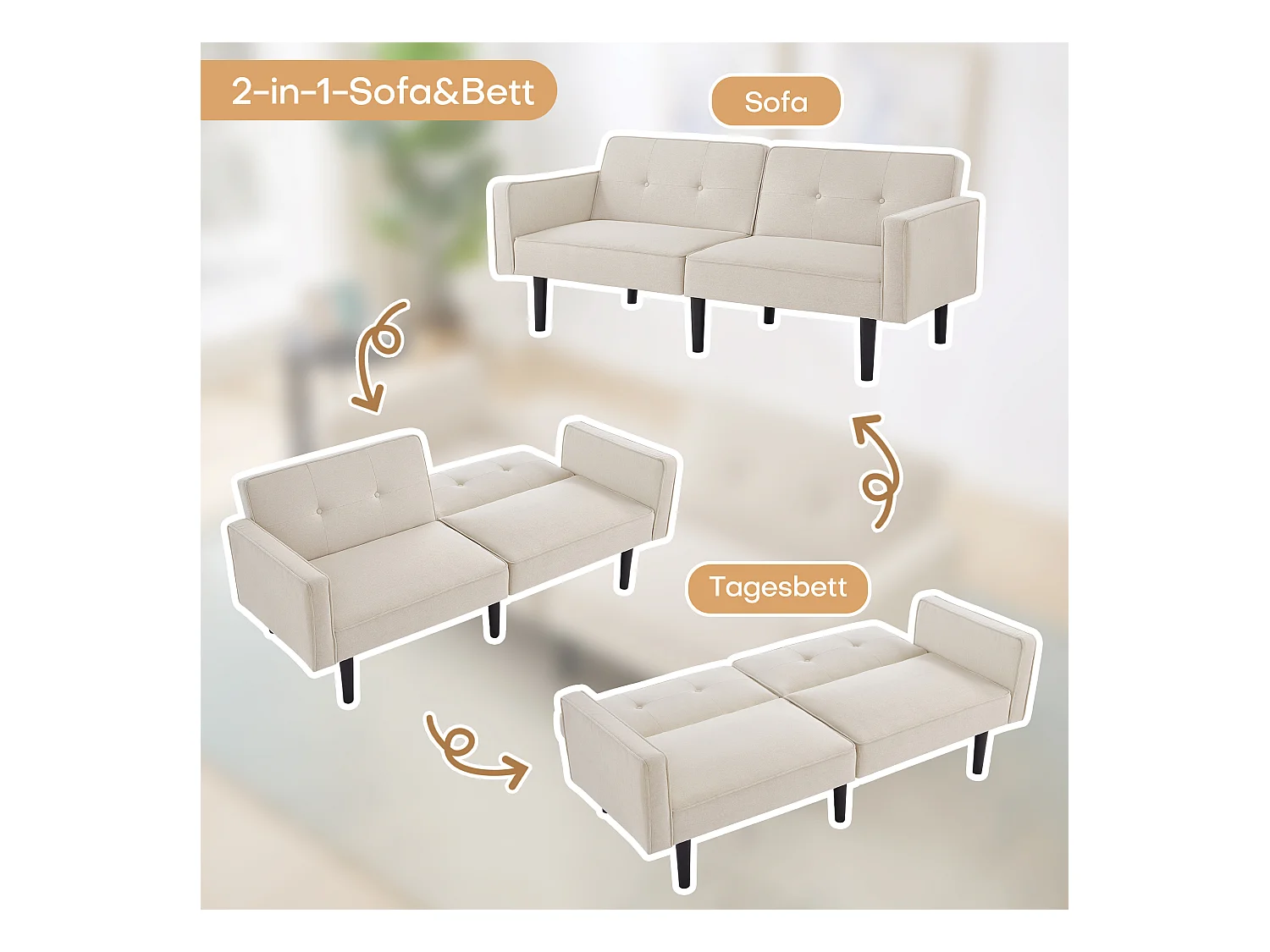 2-zitsbank met verstelbare rugleuningen - 176 x 76 x 74 cm - Katoen-linnen stof en metalen poten - Beige