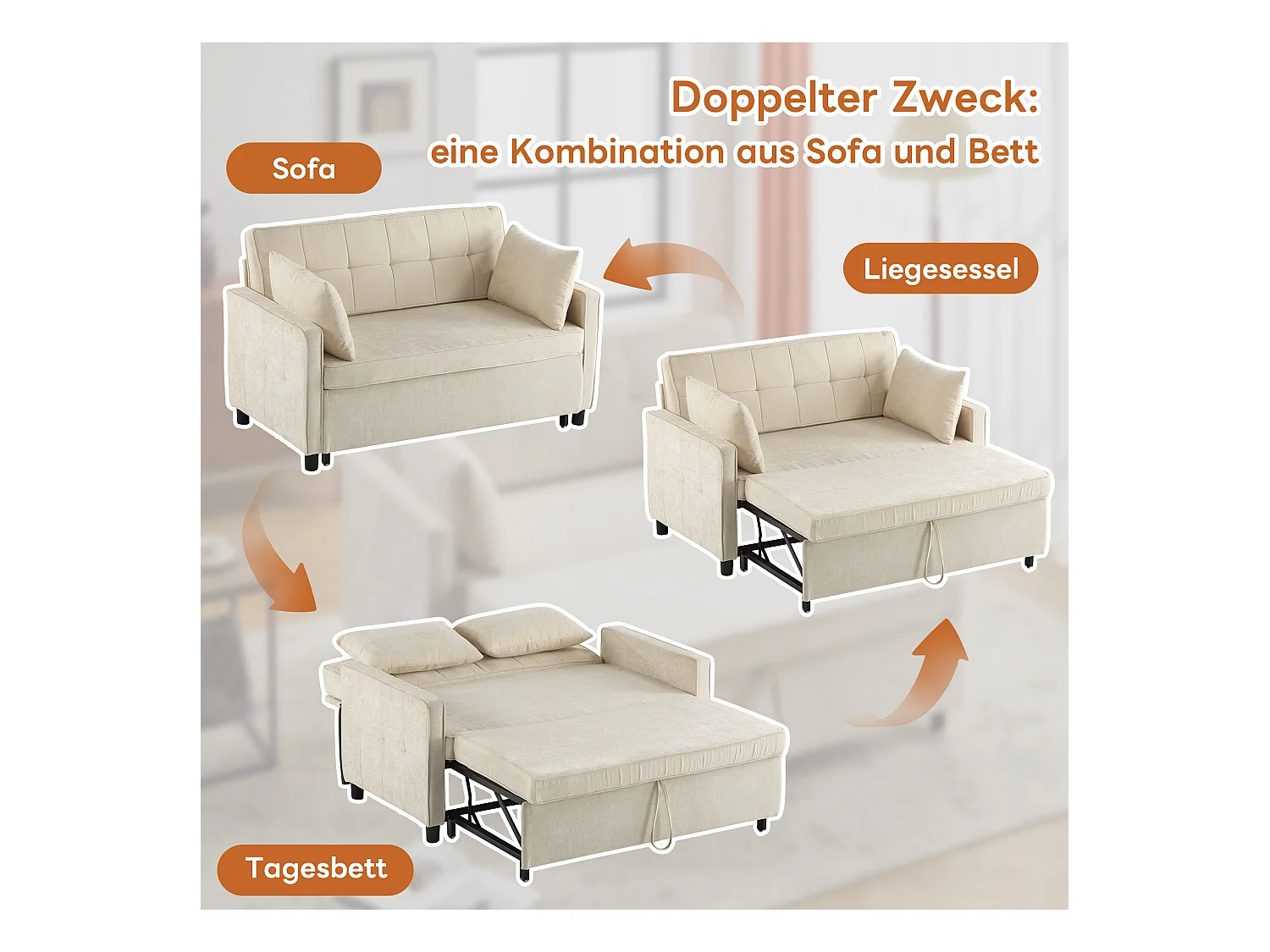 Sofa 2-osobowa rozkładana, rozkładana sofa z tkaniny szenilowej - 142 x 79/174 x 85 cm - z funkcją spania i regulowanym oparciem - beżowa