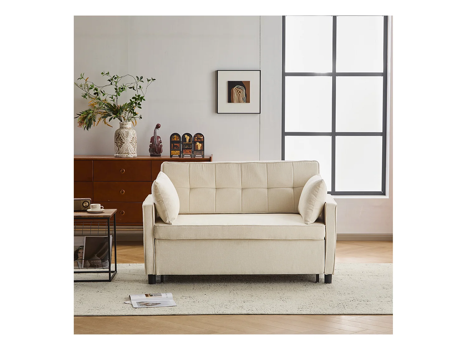 Sofa 2-osobowa rozkładana, rozkładana sofa z tkaniny szenilowej - 142 x 79/174 x 85 cm - z funkcją spania i regulowanym oparciem - beżowa