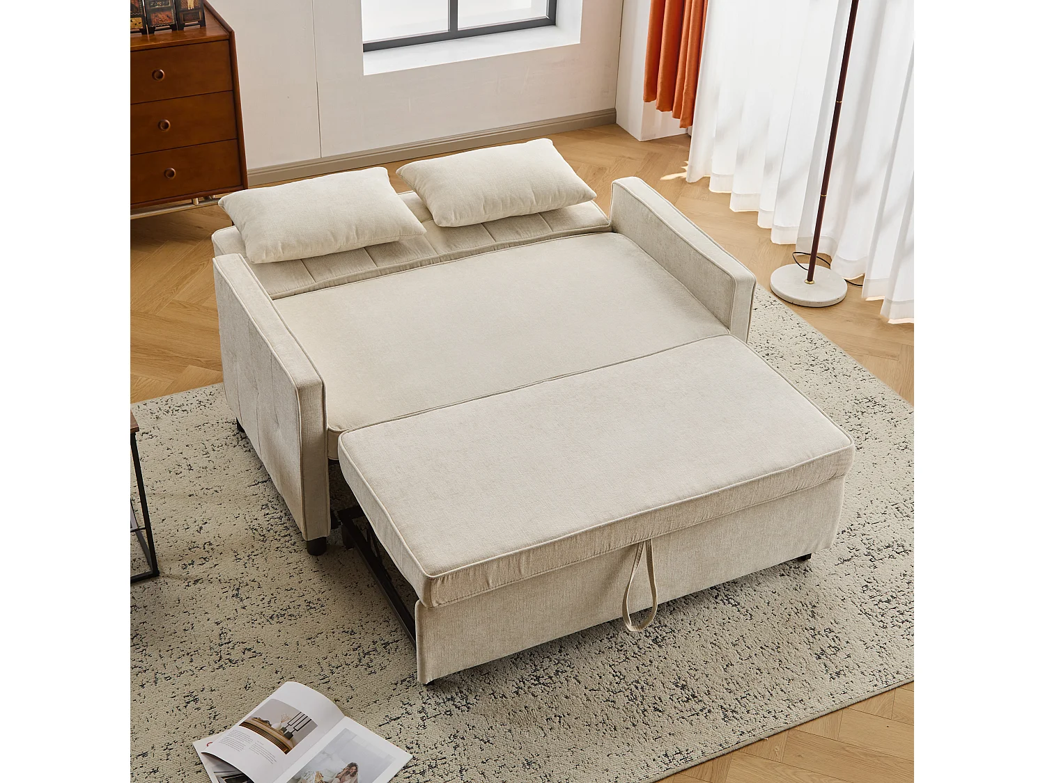 Sofa 2-osobowa rozkładana, rozkładana sofa z tkaniny szenilowej - 142 x 79/174 x 85 cm - z funkcją spania i regulowanym oparciem - beżowa