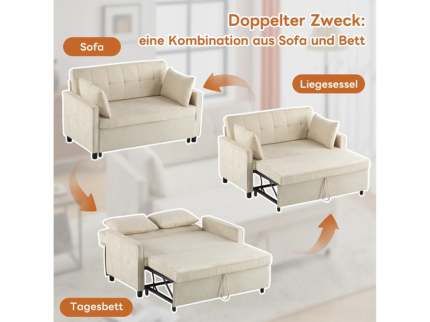 Canapé convertible 2 places, Canapé-lit pliant en tissu chenille - 142 x 79/174 x 85 cm - avec fonction sommeil et dossier réglable - Beige