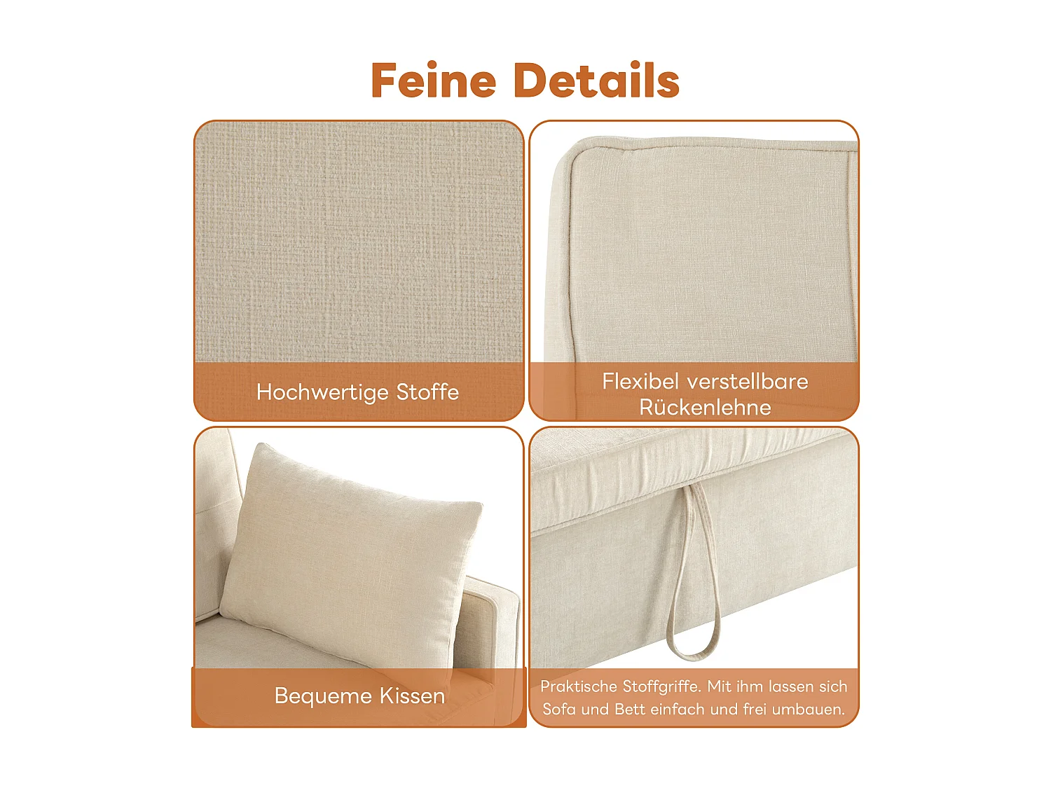 Canapé convertible 2 places, Canapé-lit pliant en tissu chenille - 142 x 79/174 x 85 cm - avec fonction sommeil et dossier réglable - Beige