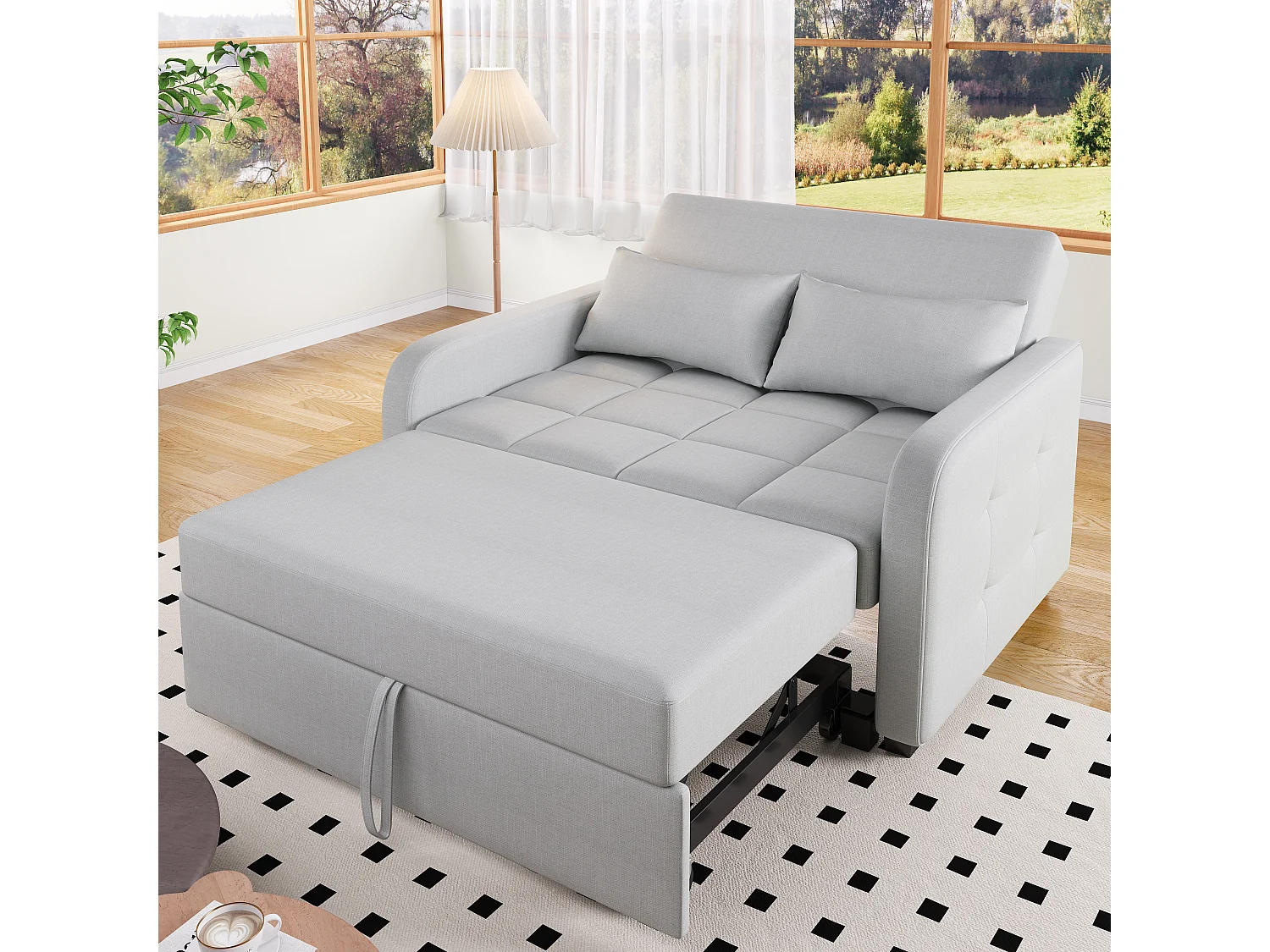 Canapé convertible 2 places, Canapé-lit pliant en tissu lin - 127 x 75 x 94 cm - avec fonction sommeil - Gris clair