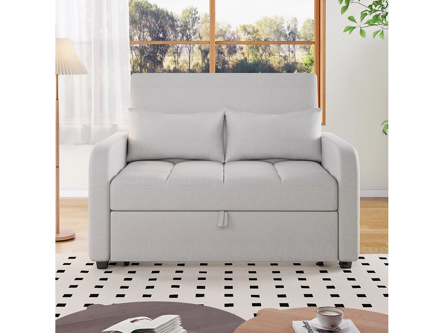 Canapé convertible 2 places, Canapé-lit pliant en tissu lin - 127 x 75 x 94 cm - avec fonction sommeil - Gris clair
