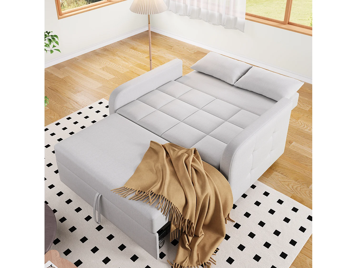 Canapé convertible 2 places, Canapé-lit pliant en tissu lin - 127 x 75 x 94 cm - avec fonction sommeil - Gris clair