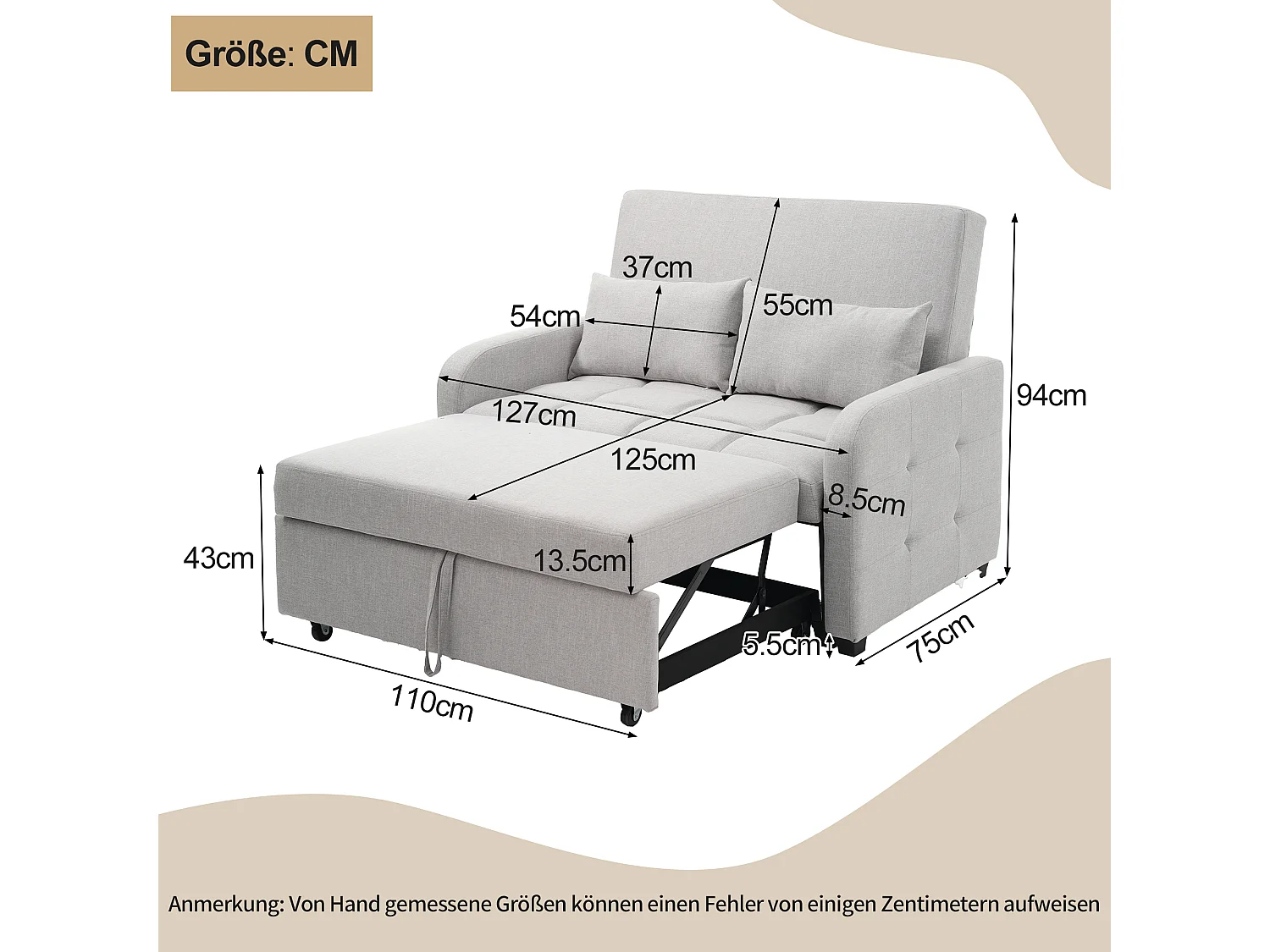 Canapé convertible 2 places, Canapé-lit pliant en tissu lin - 127 x 75 x 94 cm - avec fonction sommeil - Gris clair