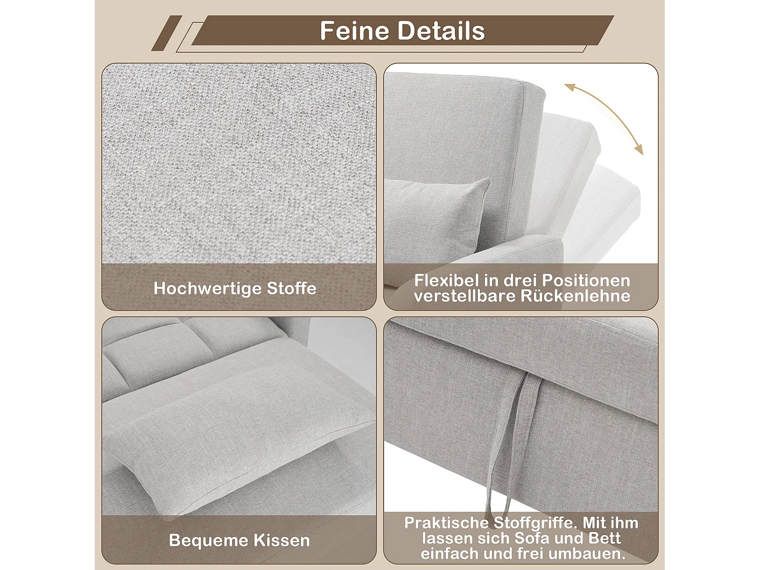 Canapé convertible 2 places, Canapé-lit pliant en tissu lin - 127 x 75 x 94 cm - avec fonction sommeil - Gris clair
