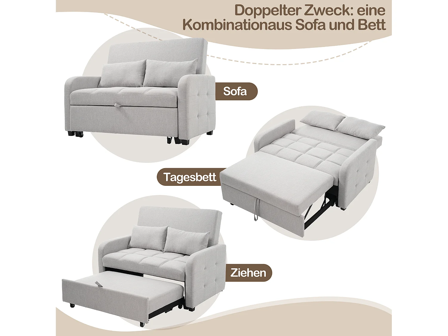 Canapé convertible 2 places, Canapé-lit pliant en tissu lin - 127 x 75 x 94 cm - avec fonction sommeil - Gris clair