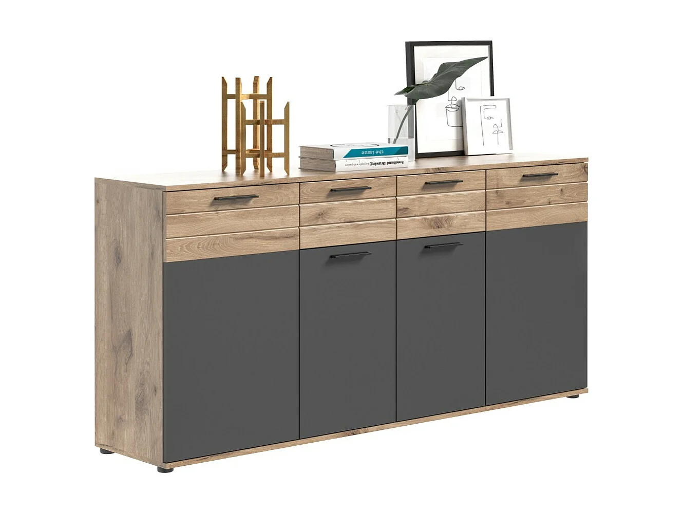 Buffet 4 puertas 4 cajones – Gris antracita y roble claro – SELMA