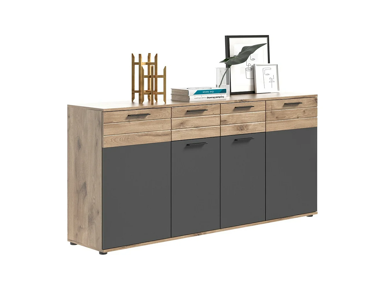 Buffet 4 portes 4 tiroirs – Gris anthracite et chêne clair – SELMA
