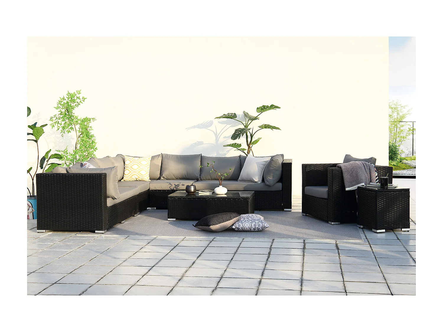 Salon de jardin modulable 6 places en résine tressée - gris sombre et beige SALENTO