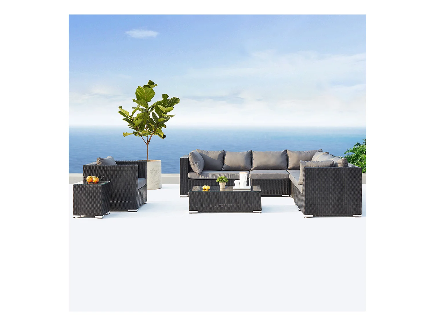 Salon de jardin modulable 6 places en résine tressée - gris sombre et beige SALENTO