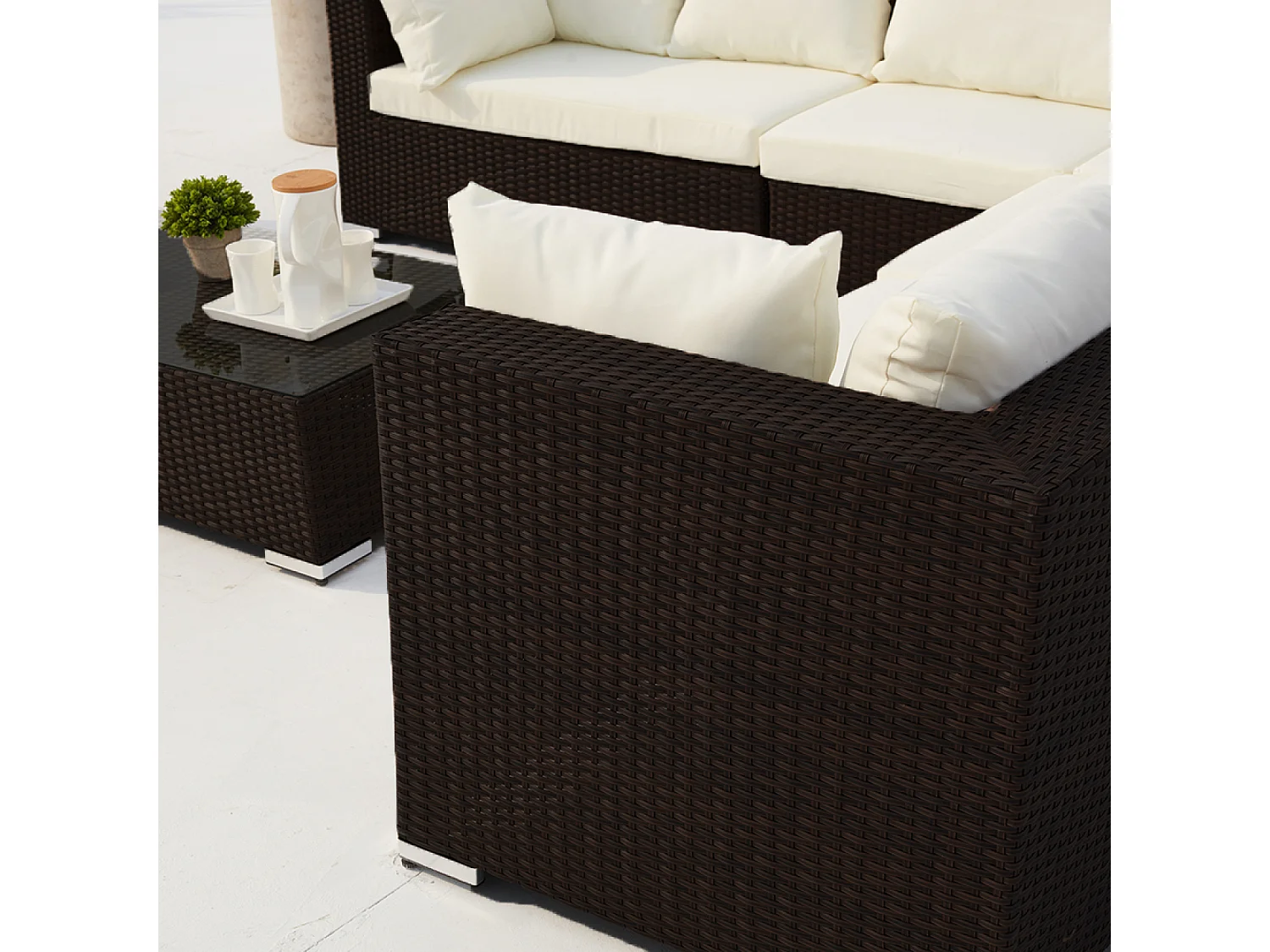 Panorama Gartenmöbelset 8 Plätze aus braunem und weißem Kunststoffgeflecht SALENTO