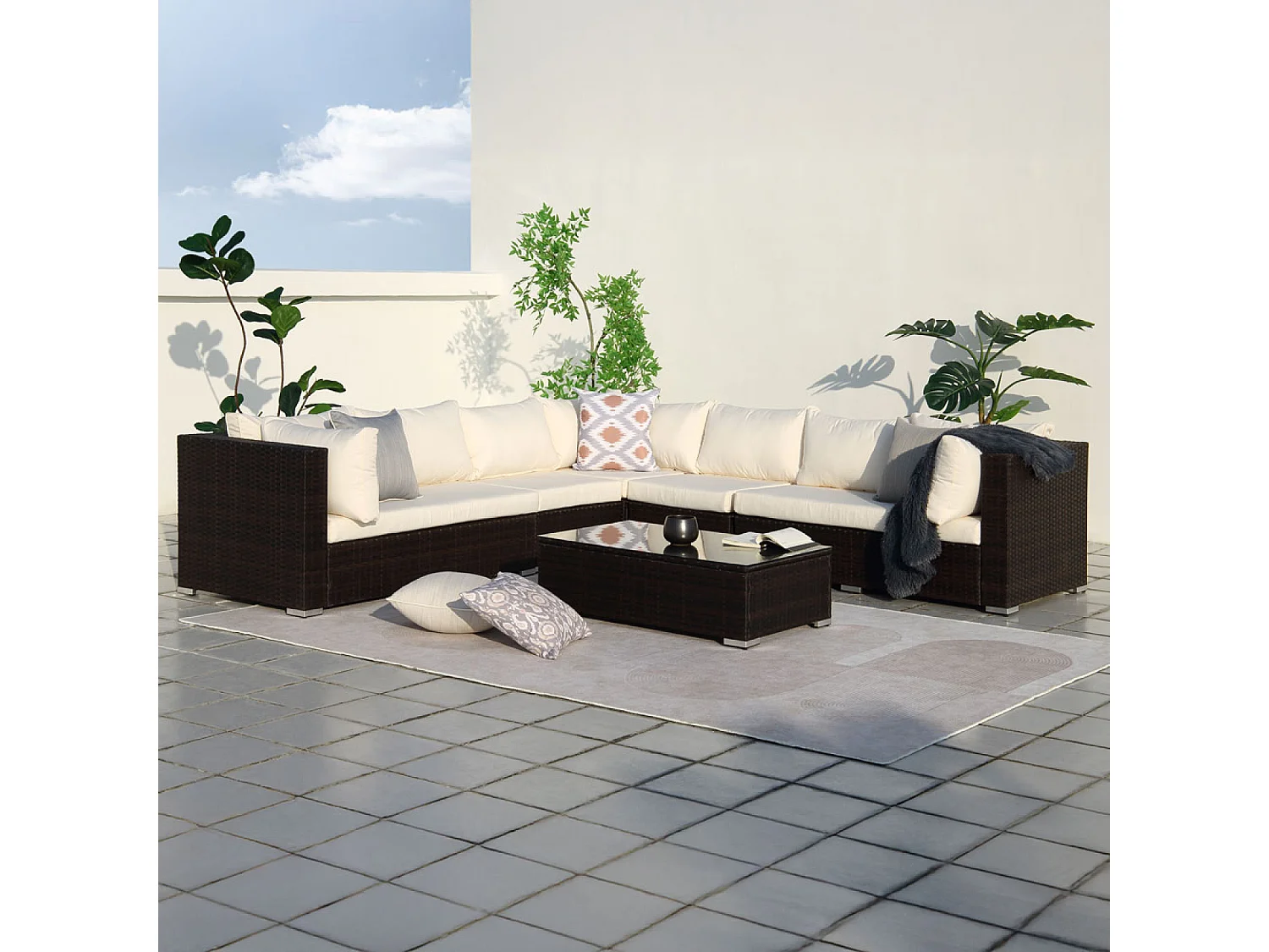 salon de jardin panoramique 8 places en résine tressée marron et blanc SALENTO