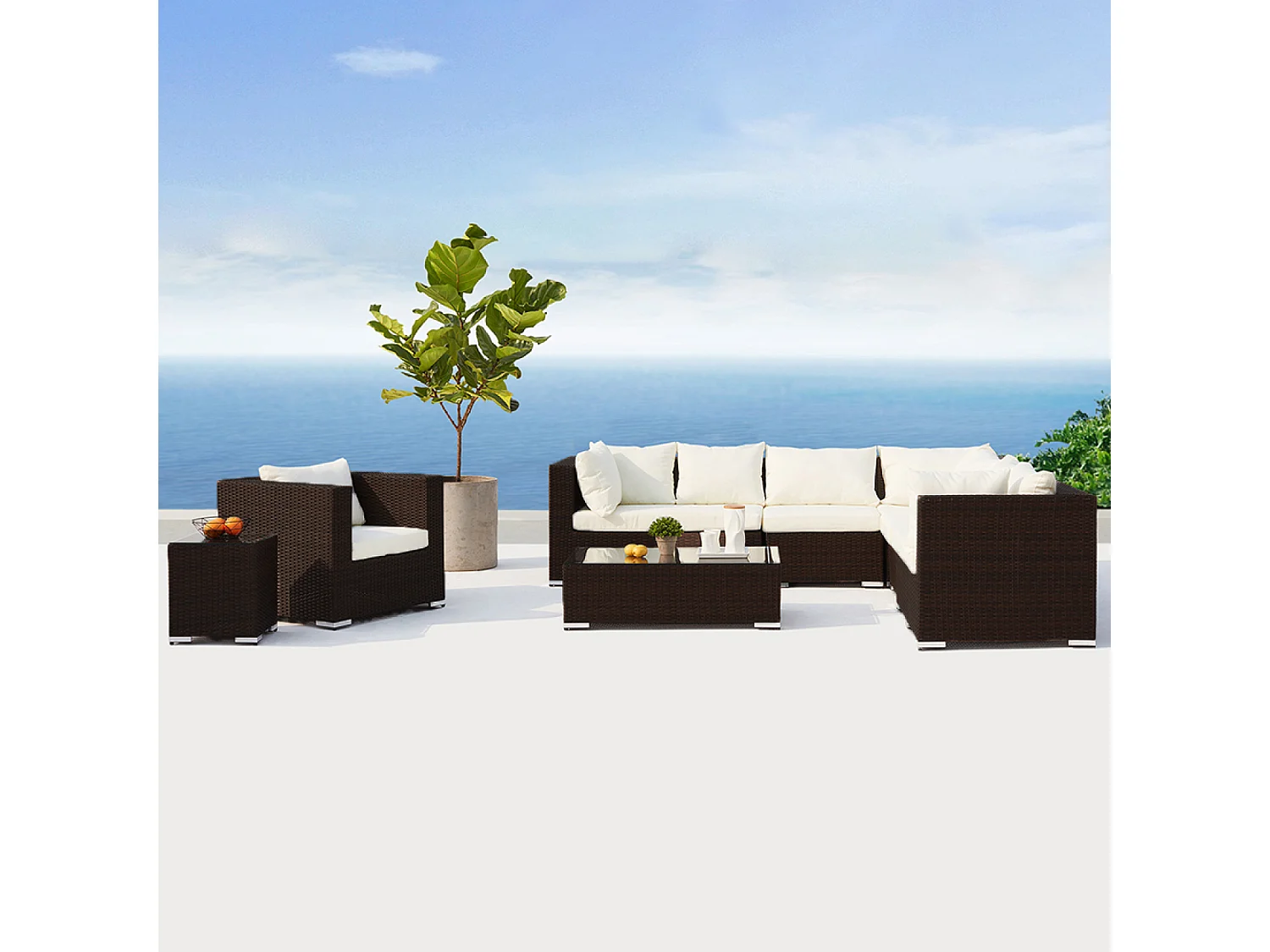 salon de jardin panoramique 8 places en résine tressée marron et blanc SALENTO