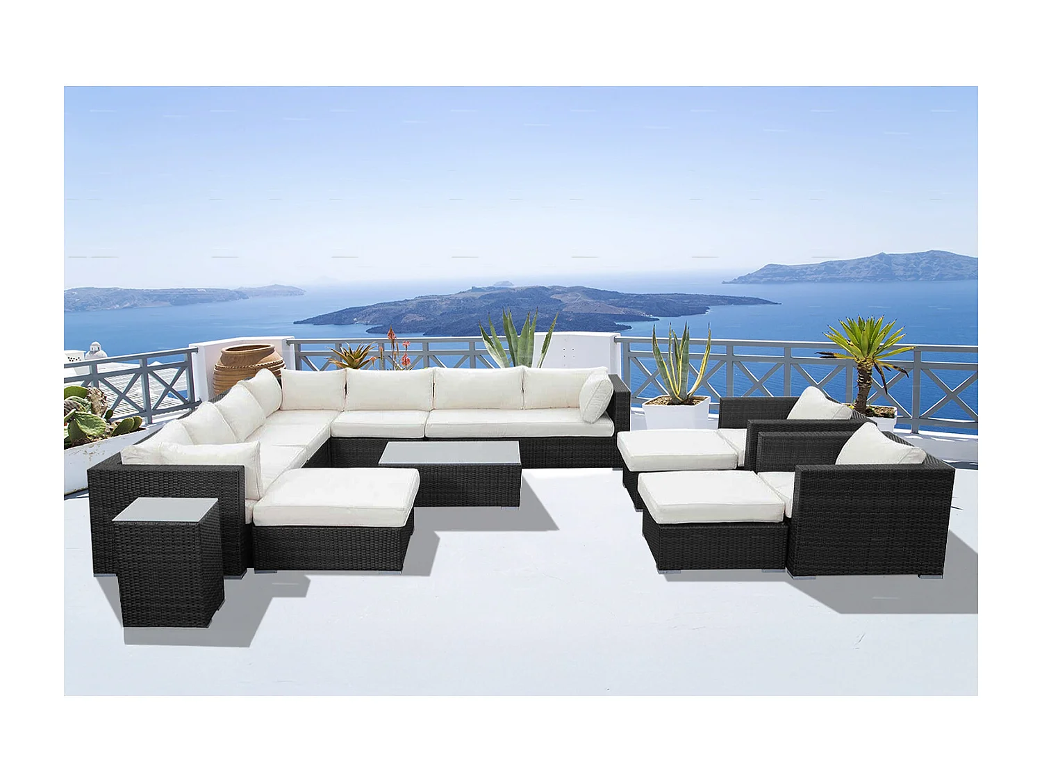 Salon de jardin modulable 13-14 places en résine tressée noir et blanc STALLA