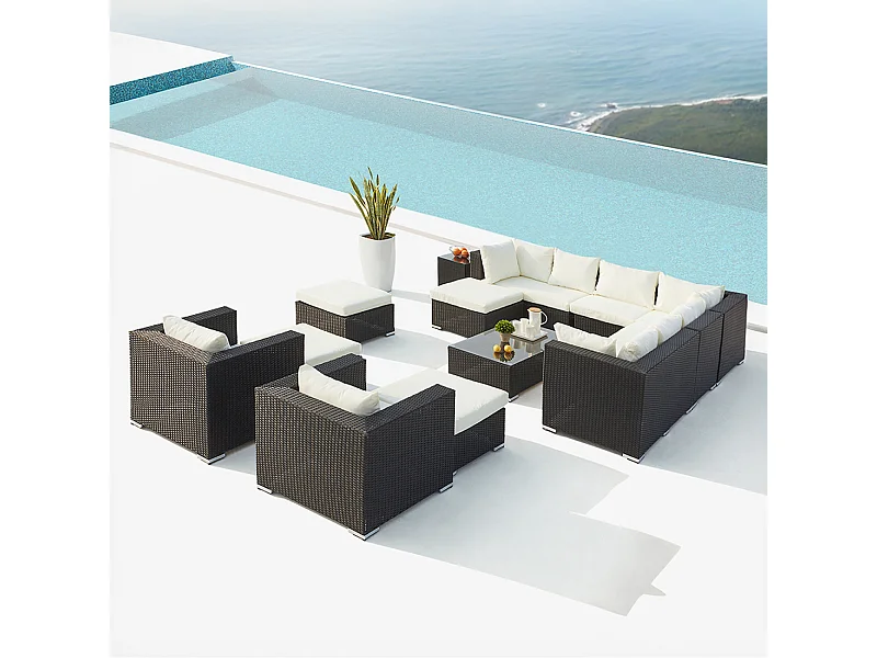 Modulaire loungeset voor 13/14 personen van zwart-wit gevlochten kunsthars STALLA