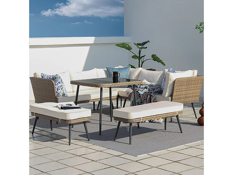 Salotto da giardino 9 posti in resina wicker marrone e beige BARACOA