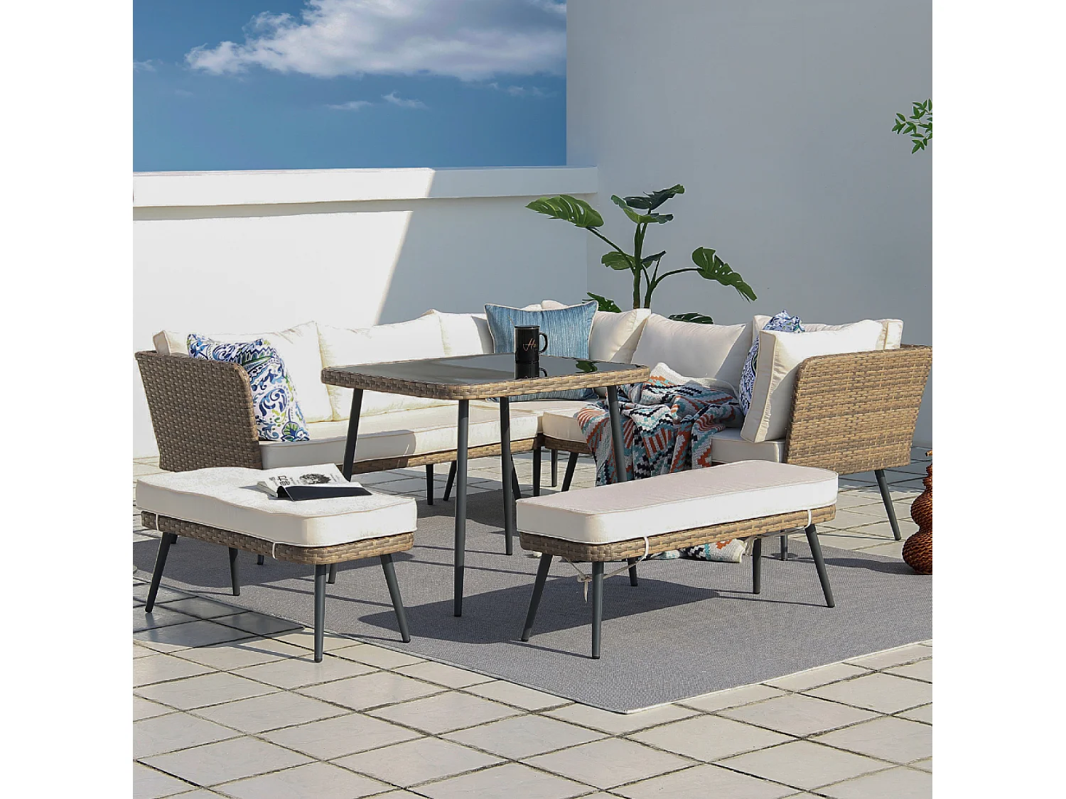 Gartenmöbelset 9 Plätze aus braunem und beigem Rattan BARACOA