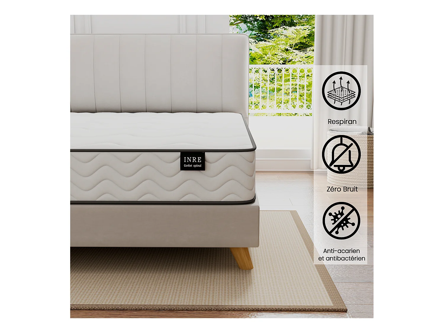 Matelas 160x200 cm - INRE, Ressorts ensachés, Solide et Confortable, certifié oeko-tex, épaisseur 22cm, 7 zones différenciées
