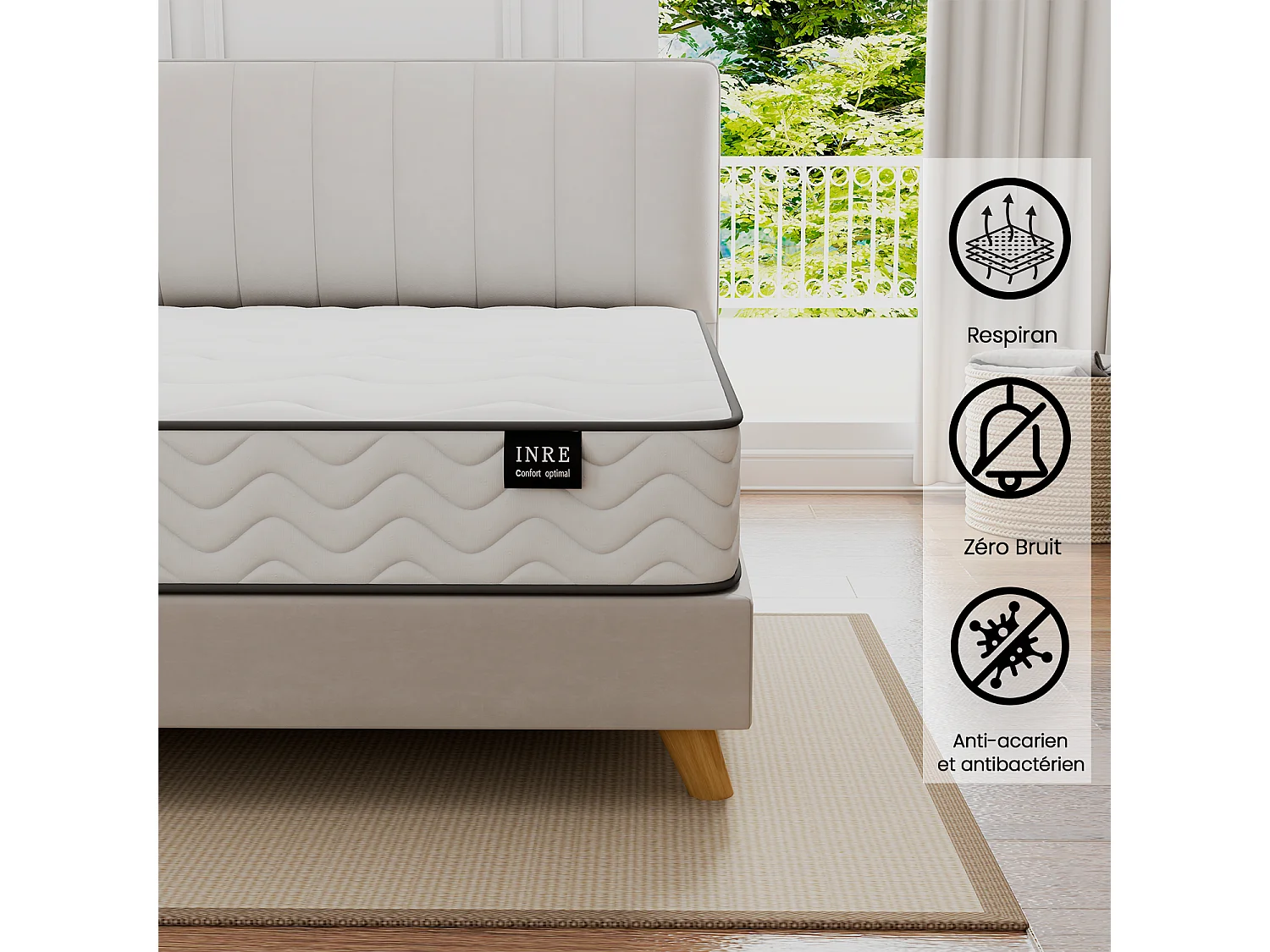 Matelas 140x200 cm - INRE, Ressorts ensachés, Solide et Confortable, certifié oeko-tex, épaisseur 22cm, 7 zones différenciées