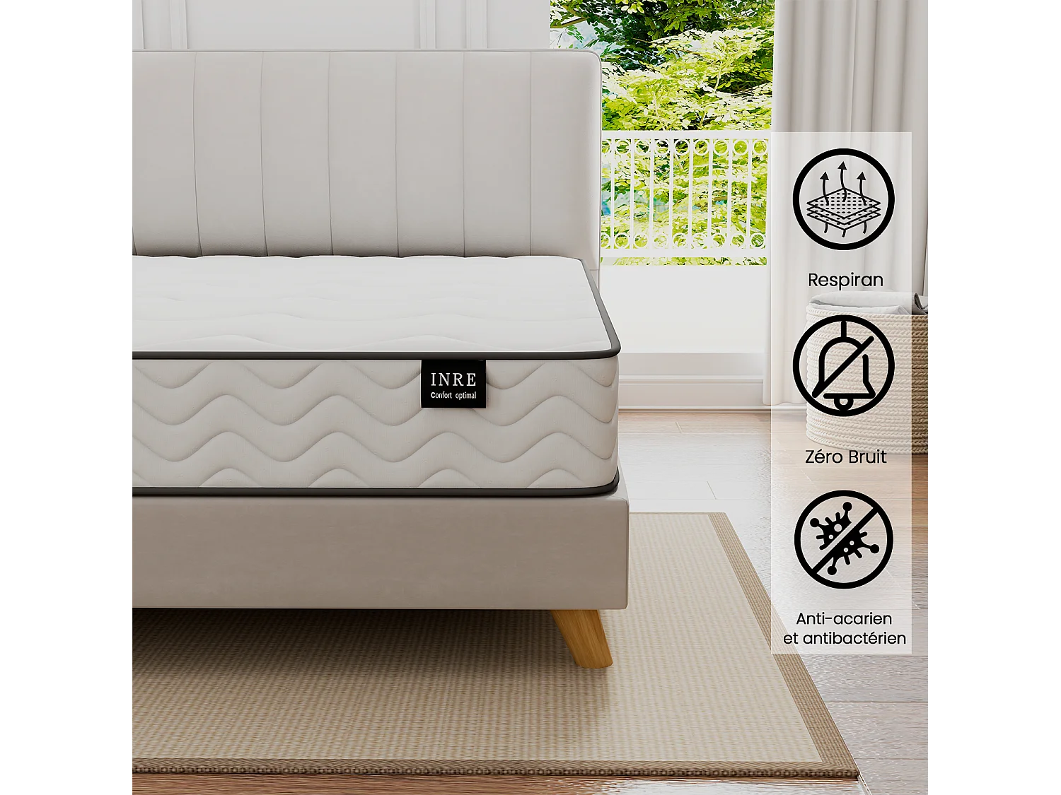 Matelas 90x190 cm - INRE, Ressorts ensachés, Solide et Confortable, certifié oeko-tex, épaisseur 22cm, 7 zones différenciées