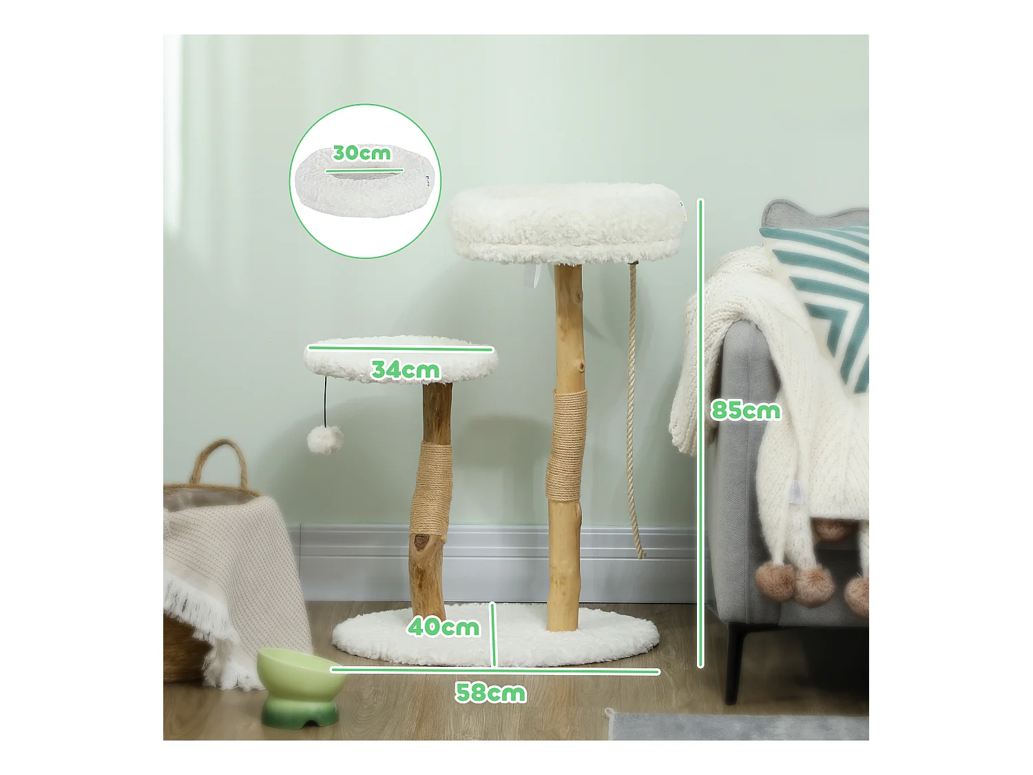 Arbre à chat style bohème chic H.85 cm plateforme panier observation corde boule bois naturel effet laine bouclée