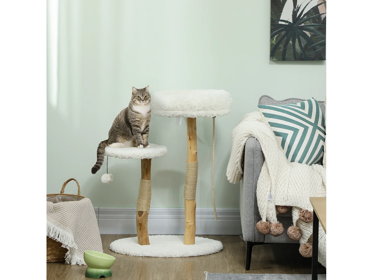 Arbre à chat style bohème chic H.85 cm plateforme panier observation corde boule bois naturel effet laine bouclée