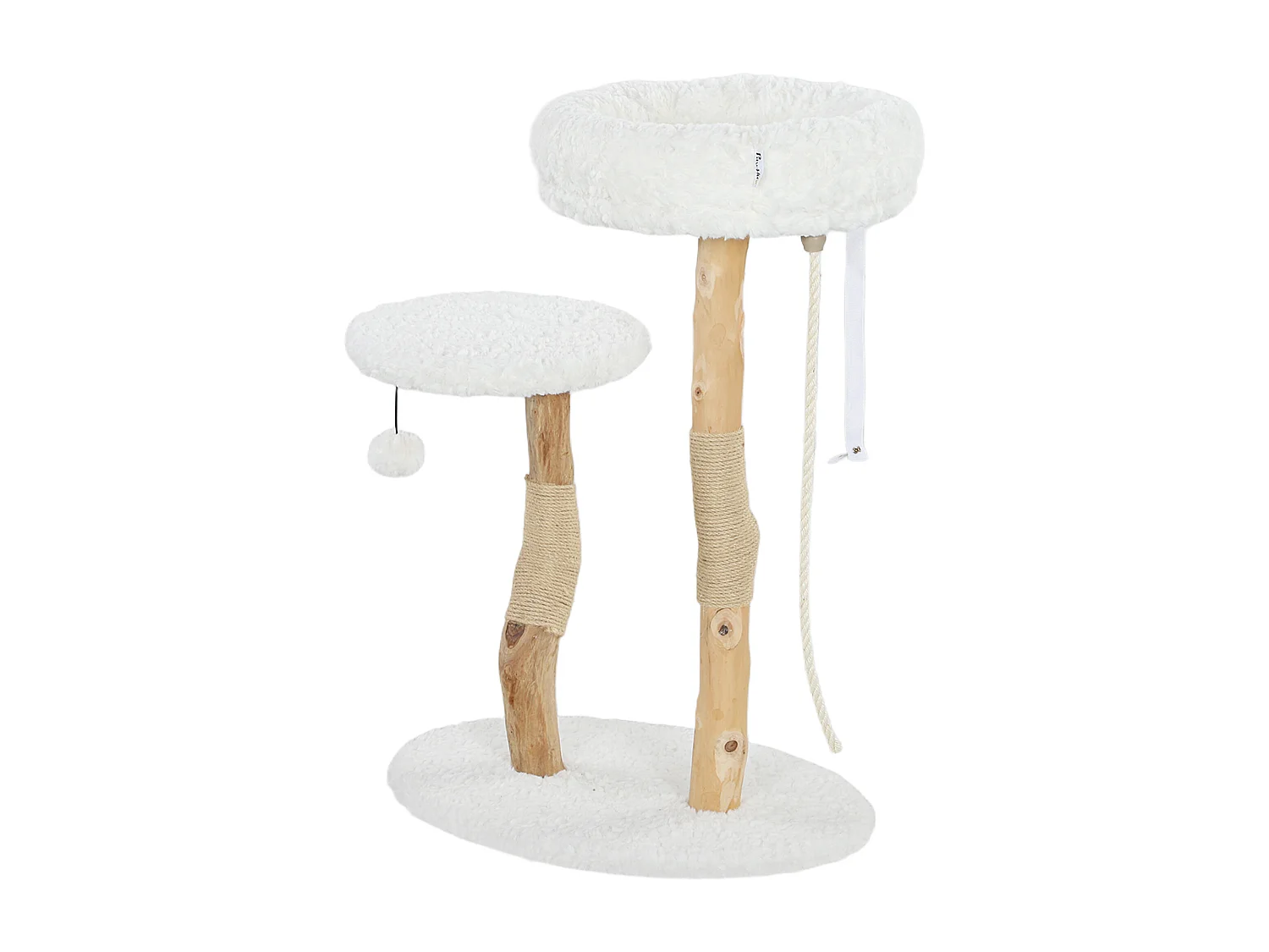 Arbre à chat style bohème chic H.85 cm plateforme panier observation corde boule bois naturel effet laine bouclée